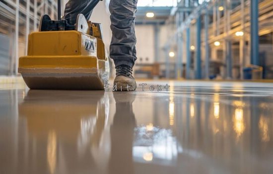 Services worker using vibrating plate compactor smooth newly poured epoxy floor large industrial facility 555601 70030.jpg